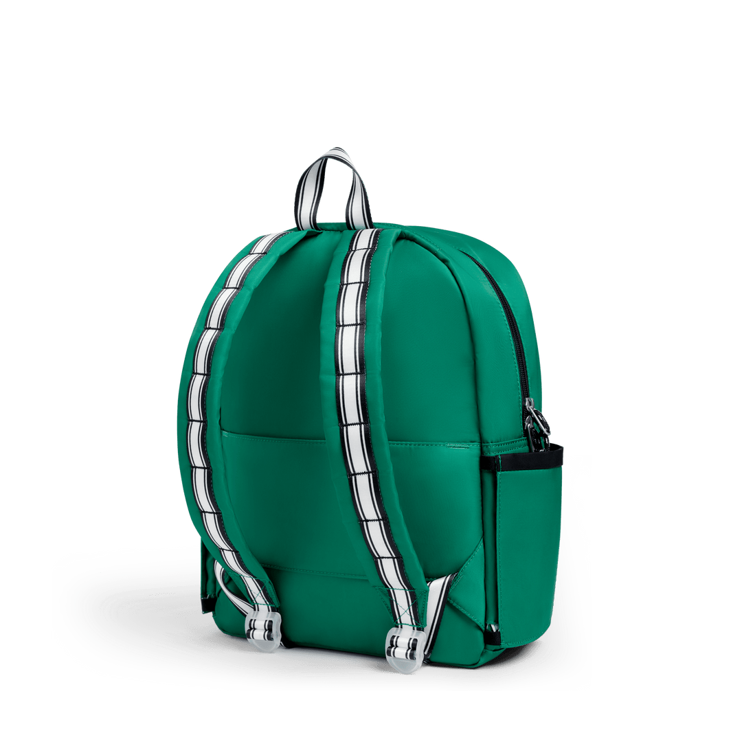 Back of the green soccer Kane backpack with black and white striped padded straps