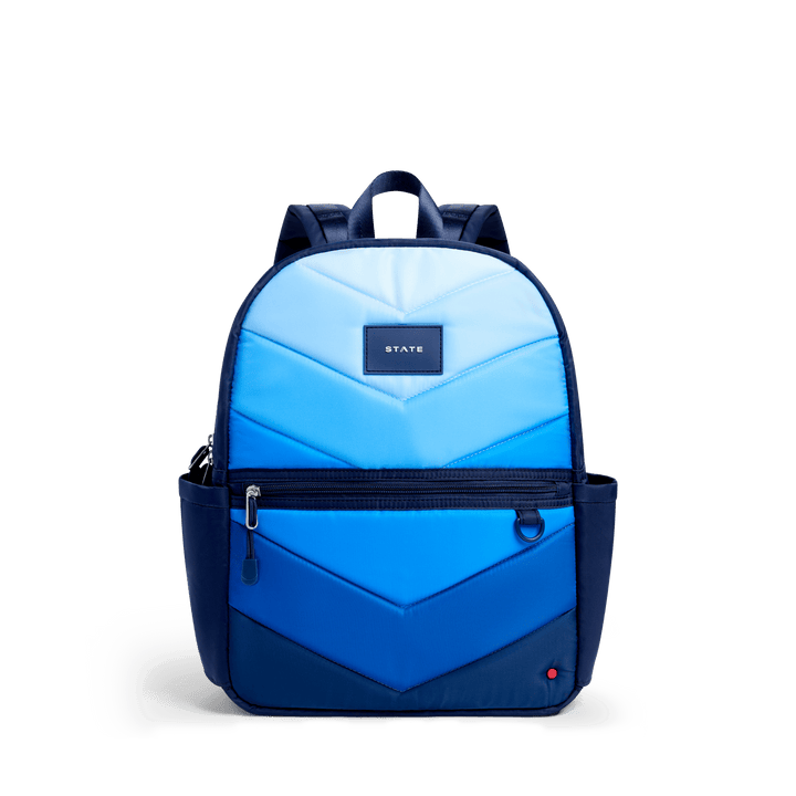 STATE Kane kids backpack in navy with ombre blue chevron bands on the front, front view