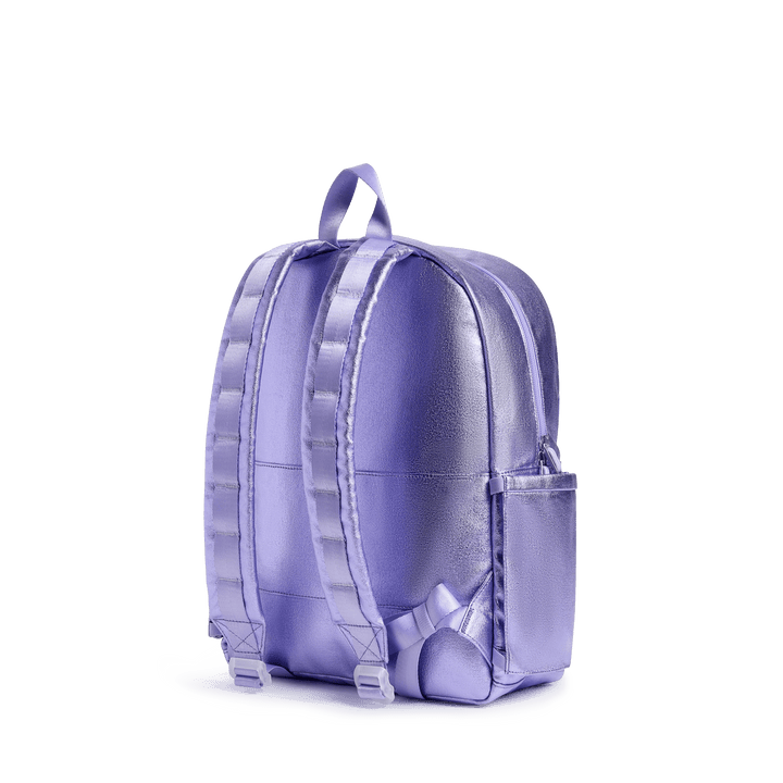 Back of the lilac 3D Hearts Kane backpack with padded adjustable straps and luggage sleeve