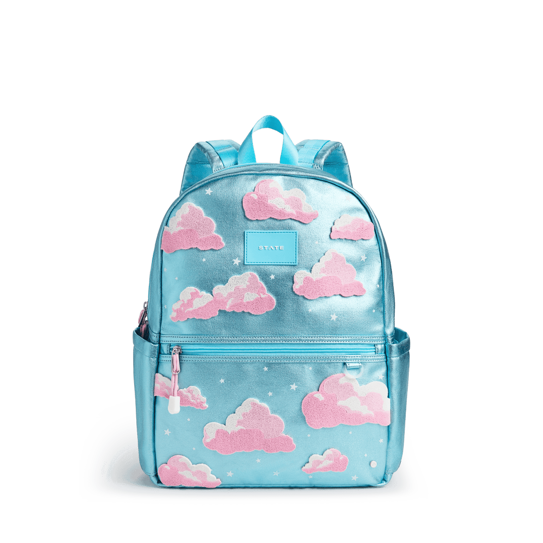 Metallic sky blue STATE backpack with fluffy pink clouds and tiny stars, front view