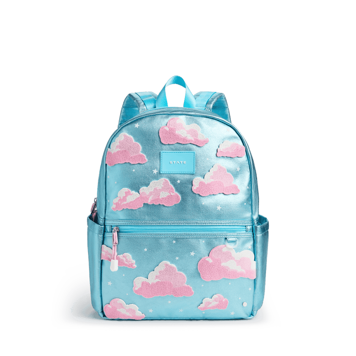 Metallic sky blue STATE backpack with fluffy pink clouds and tiny stars, front view