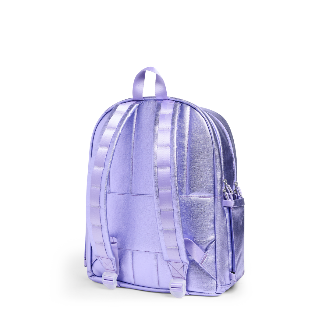 Back of the metallic lavender backpack with shiny padded straps