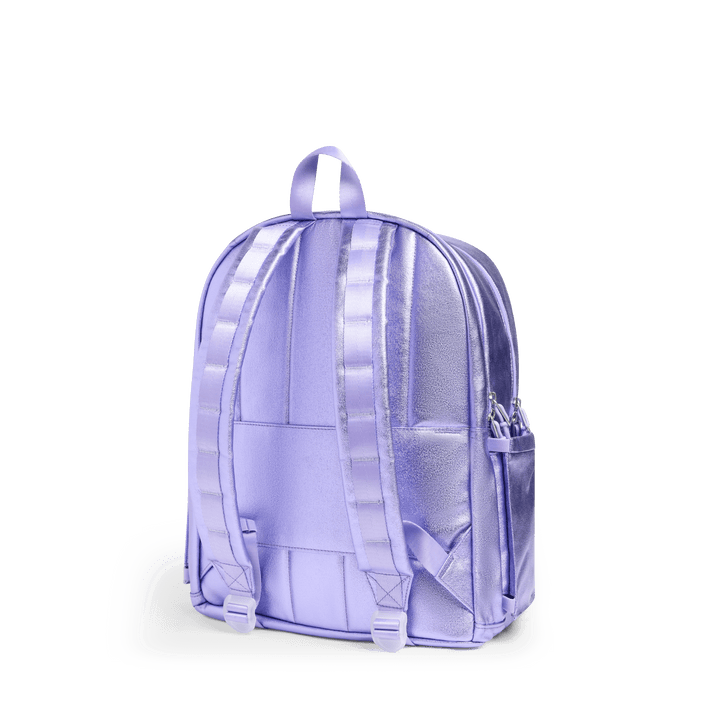 Back of the metallic lavender backpack with shiny padded straps