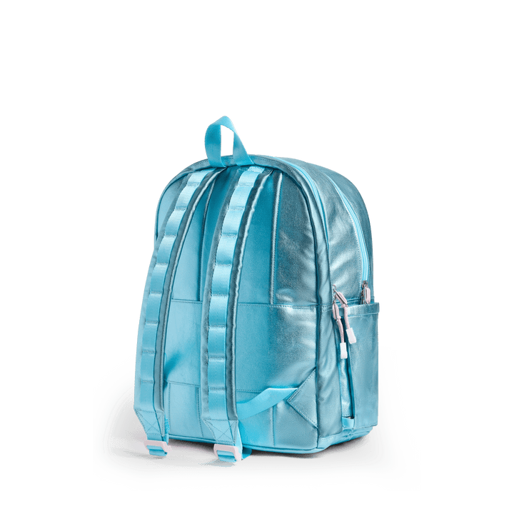 Back of the metallic blue clouds backpack with padded straps