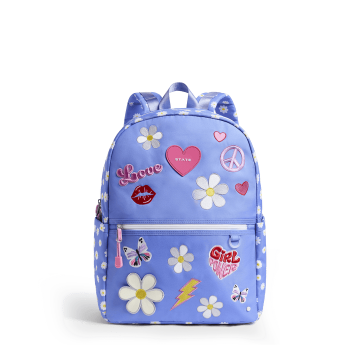 Periwinkle daisy STATE backpack with Love, heart, peace sign, and Girl Power patches, front view