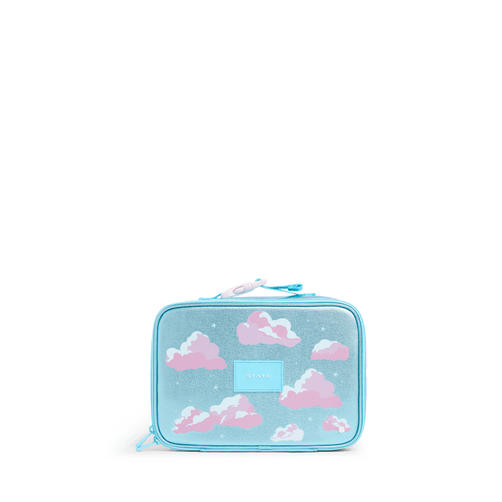 STATE Rodgers kids lunch box in Metallic Clouds, pink clouds and stars on shimmery aqua