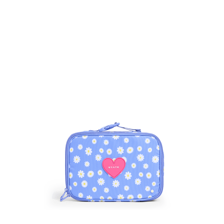 STATE Rodgers kids lunch box in Girl Power, white daisies on periwinkle with pink heart patch