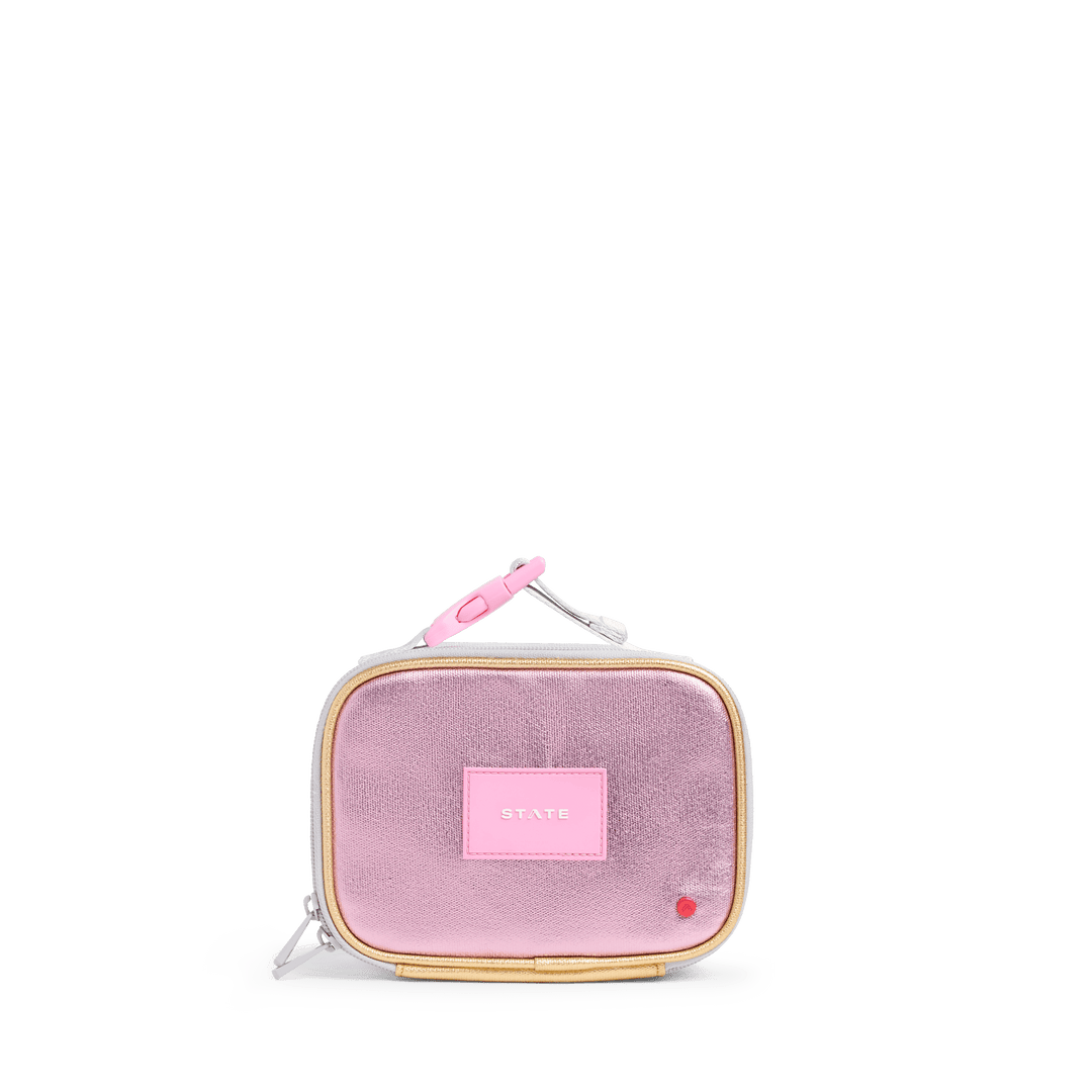 Metallic pink and silver STATE Mini Rodgers snack bag, front view with gold zipper trim and pink clip
