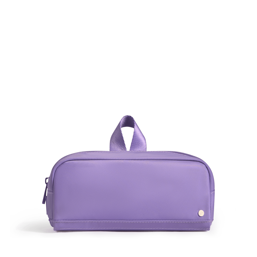 Purple STATE Clinton pencil case, front view in lavender with matching top loop and gold tone corner accent