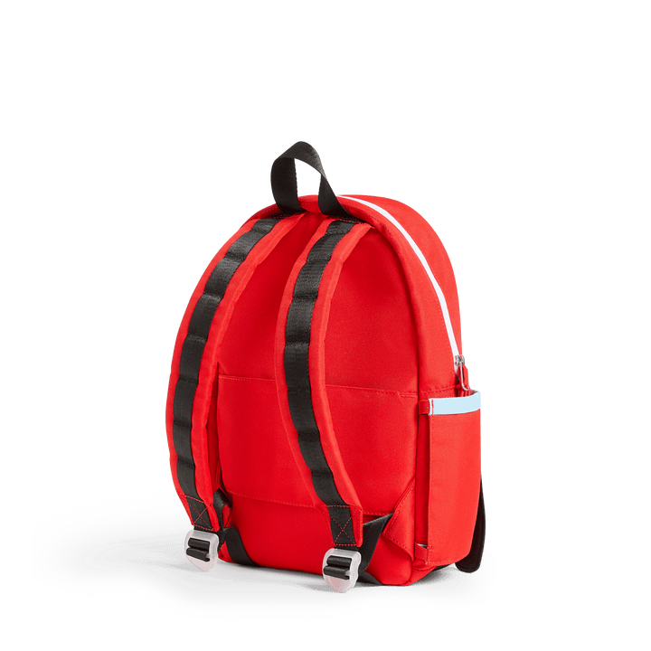 Back of the red fire truck backpack with black padded straps