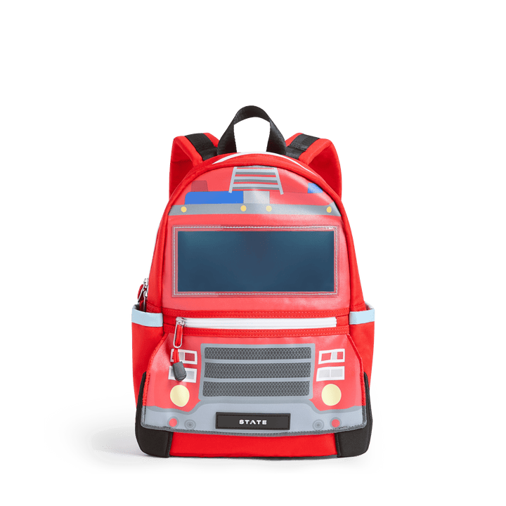 Red STATE Kane Mini toddler backpack designed like a fire truck front, front view