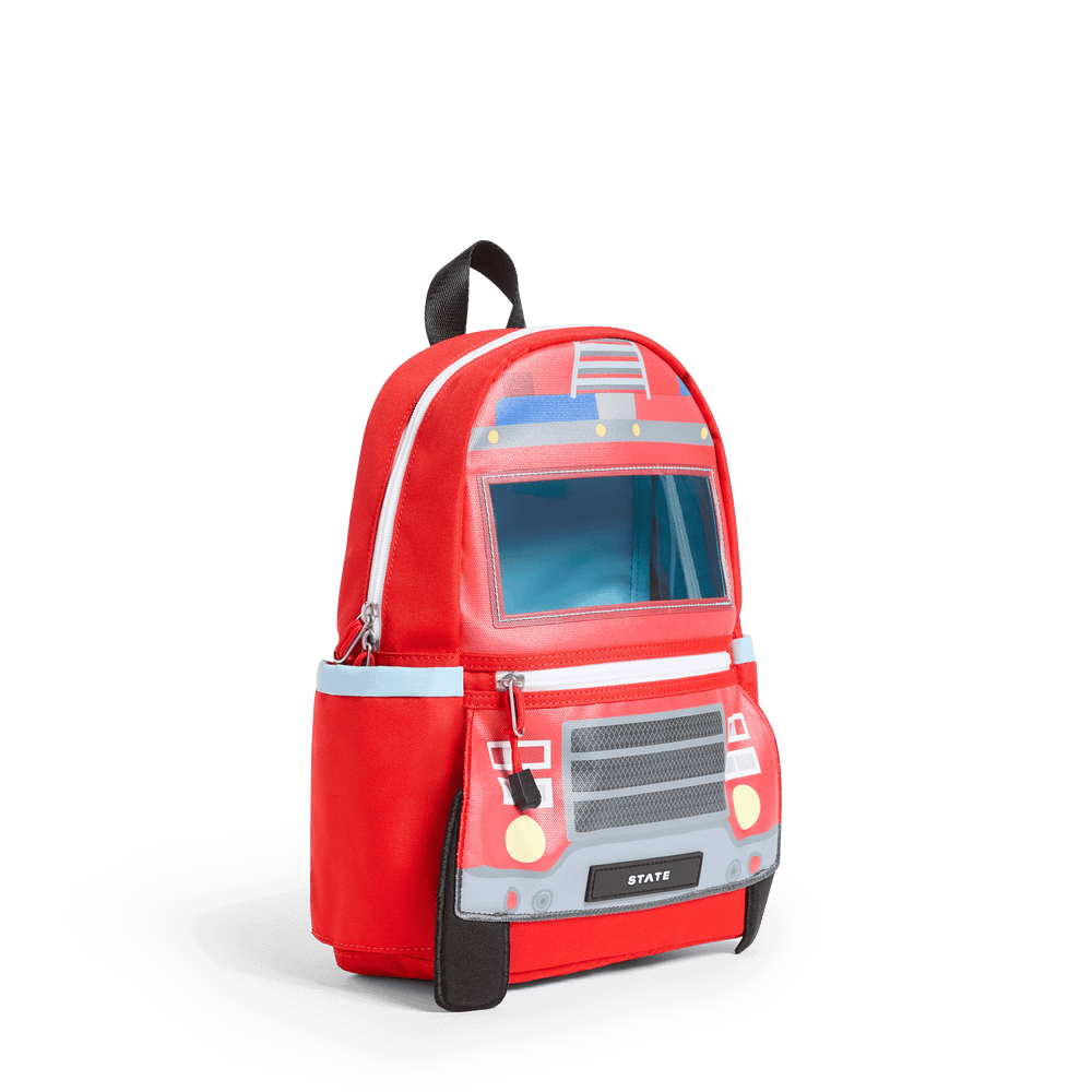 Firetruck mini backpack at a three-quarter angle showing the side pocket and headlights