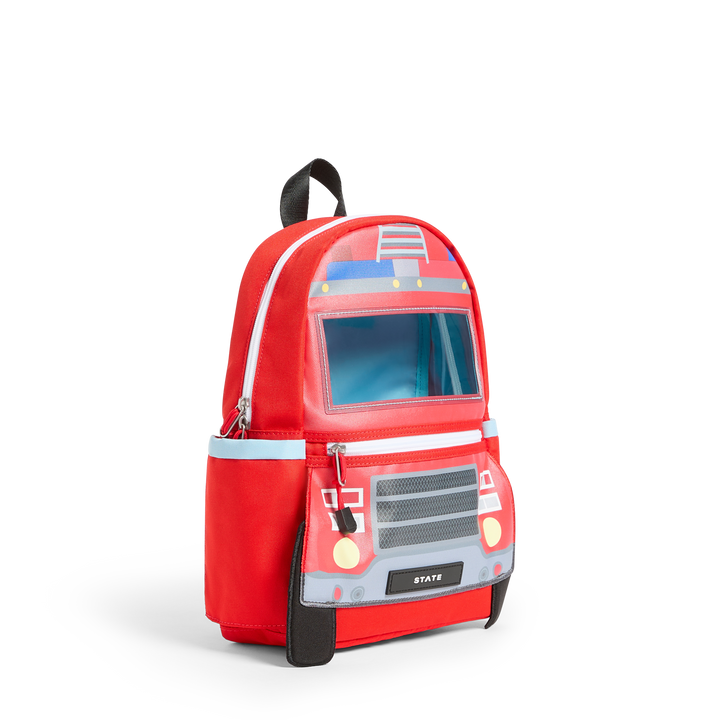 Firetruck mini backpack at a three-quarter angle showing the side pocket and headlights