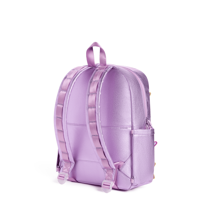 Back of the lilac metallic 3D Stars Kane backpack with padded straps