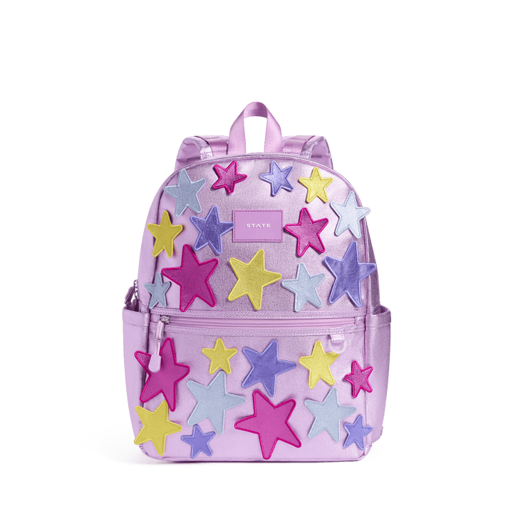 STATE Kane kids backpack in lilac metallic with raised pink, yellow, and blue 3D stars, front view