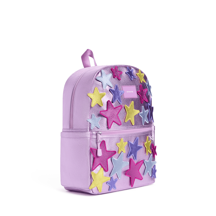 Lilac 3D Stars Kane backpack at a three-quarter angle showing the side pocket