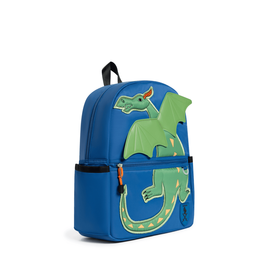 Blue Dragon Kane backpack at a three-quarter angle showing the dimensional dragon wing