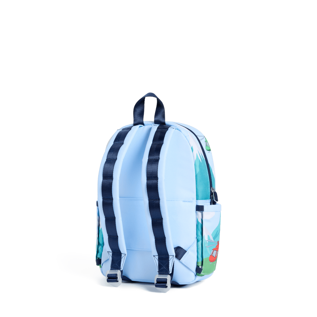 Back of the light blue helicopter backpack with navy padded straps