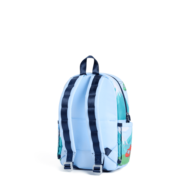 Back of the light blue helicopter backpack with navy padded straps