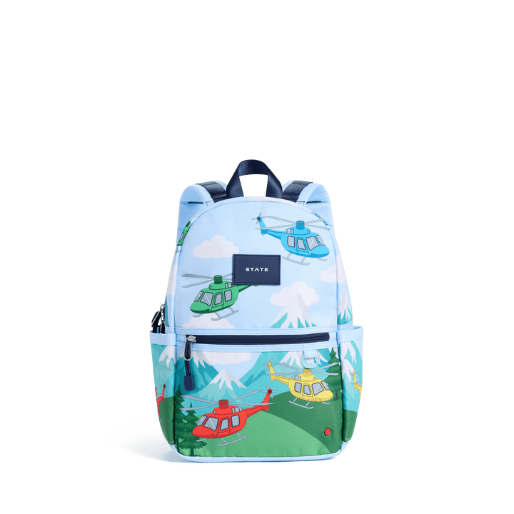 Sky blue STATE Kane Mini with red, yellow, and green helicopters over hills, front view