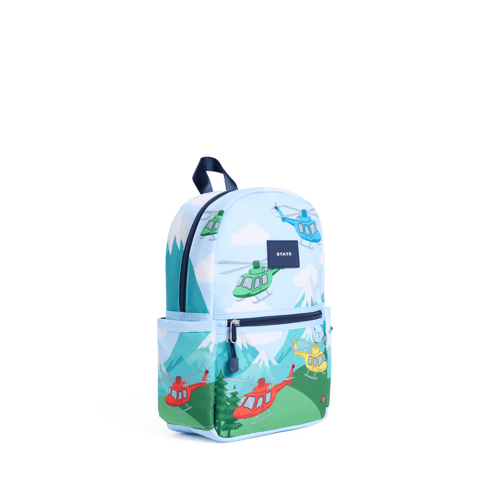 Helicopter toddler backpack at a three-quarter angle showing the side pocket