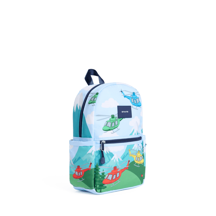 Helicopter toddler backpack at a three-quarter angle showing the side pocket
