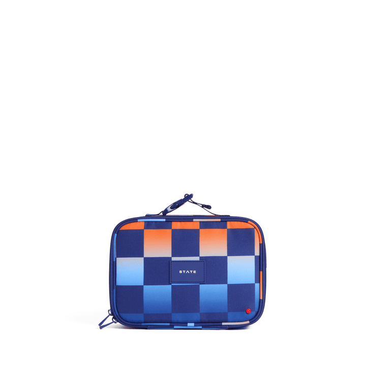 STATE Rodgers kids lunch box in Gradient Checkerboard, navy squares fading orange to blue