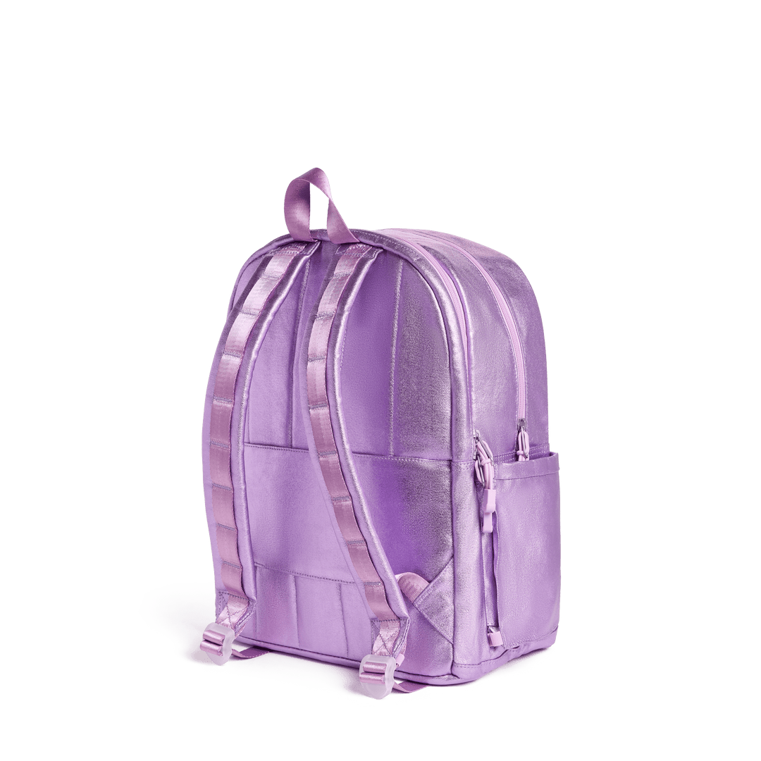 Back of the lilac metallic backpack with padded straps and luggage sleeve
