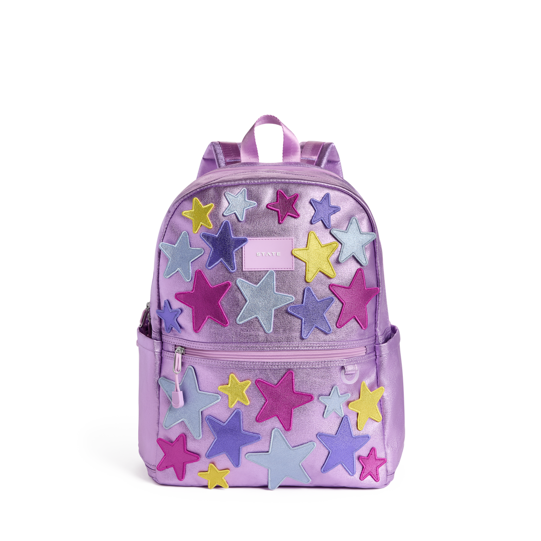 Metallic lilac STATE backpack with raised pink, yellow, blue, and purple stars, front view
