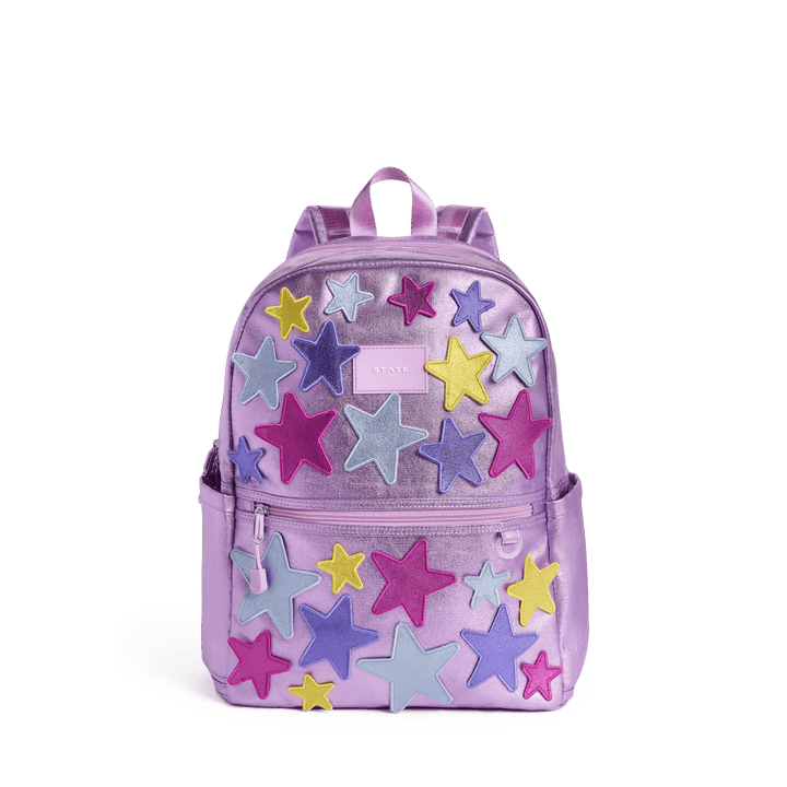 Metallic lilac STATE backpack with raised pink, yellow, blue, and purple stars, front view