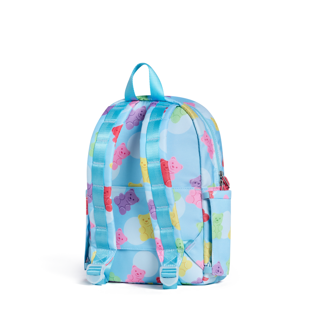 Back of the gummy bear backpack with light blue padded straps