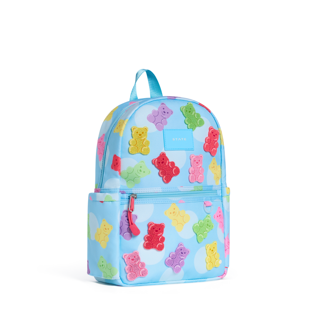 Gummy bear toddler backpack at a three-quarter angle showing the side pocket