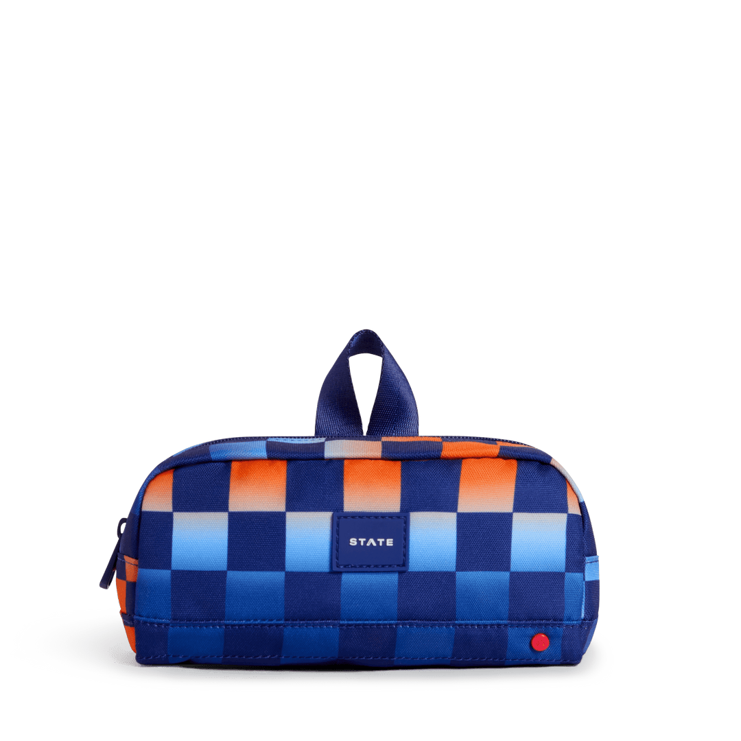 Gradient Checkerboard STATE Clinton pencil case, front view of navy, orange, and blue checks with navy top loop
