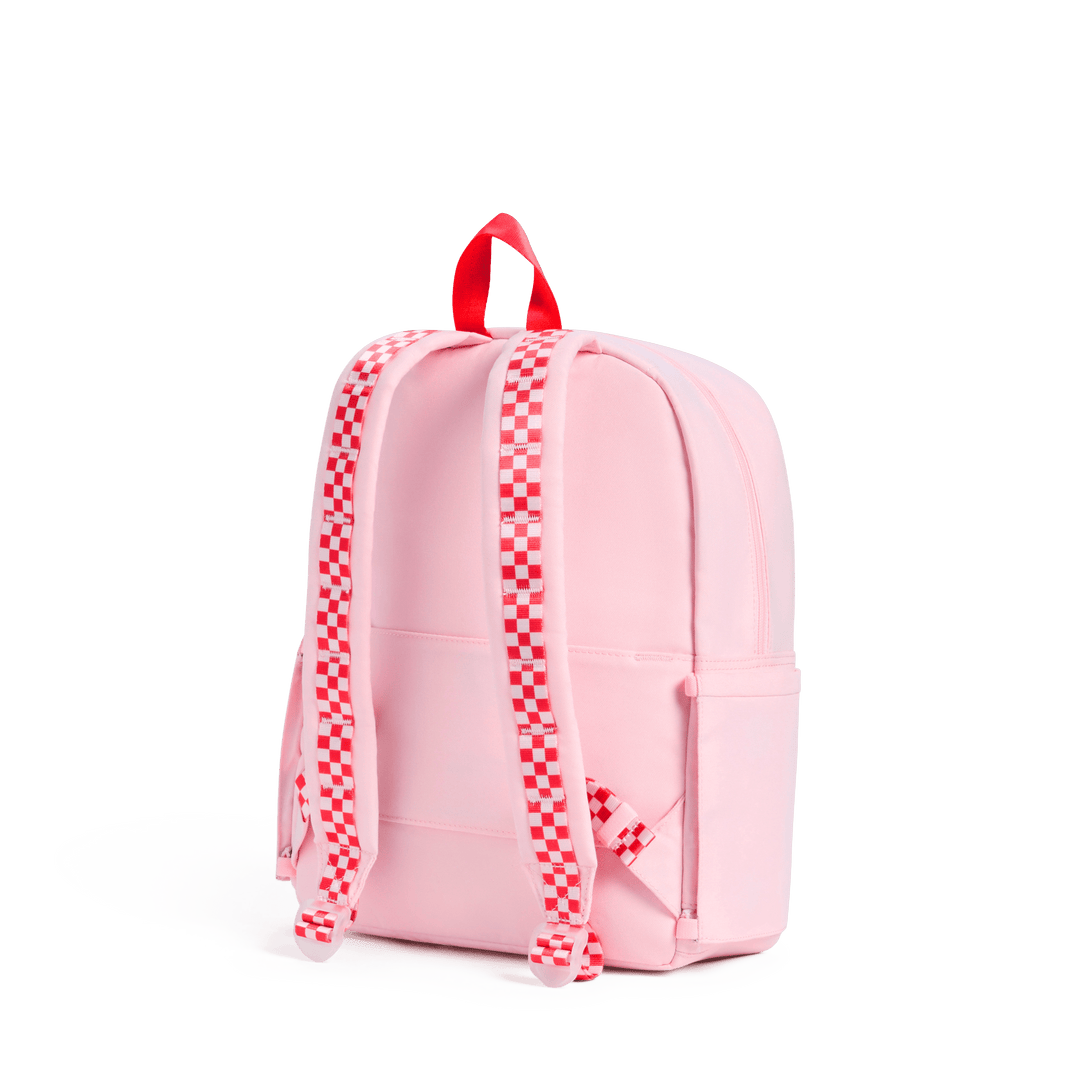 Back of the Cherry Kane backpack with red and pink checkered padded straps