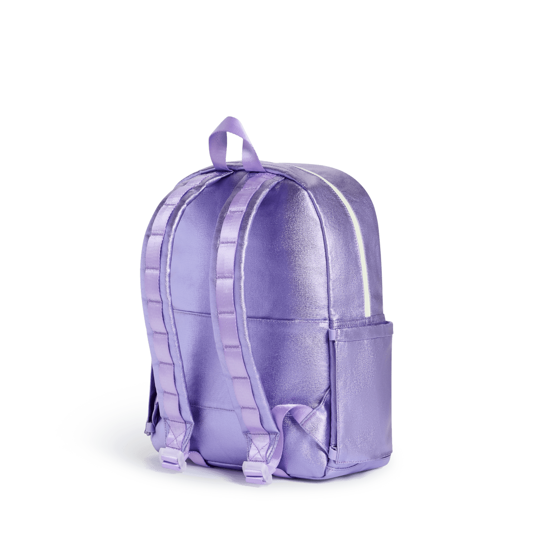 Back of the lilac metallic Quilted Sequins Kane backpack with padded straps