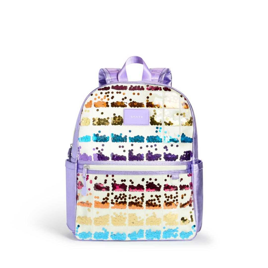 STATE Kane kids backpack in lilac with a quilted front panel of rainbow sequin rows, front view