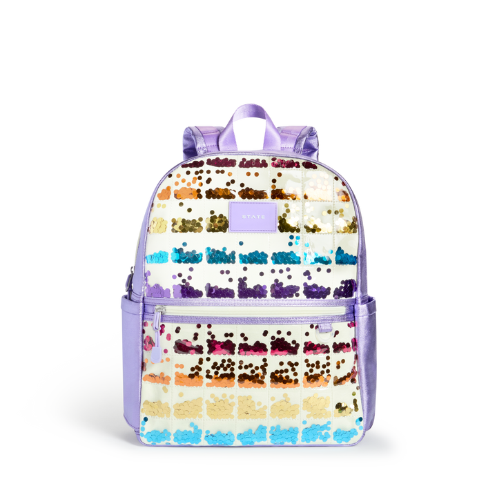 STATE Kane kids backpack in lilac with a quilted front panel of rainbow sequin rows, front view