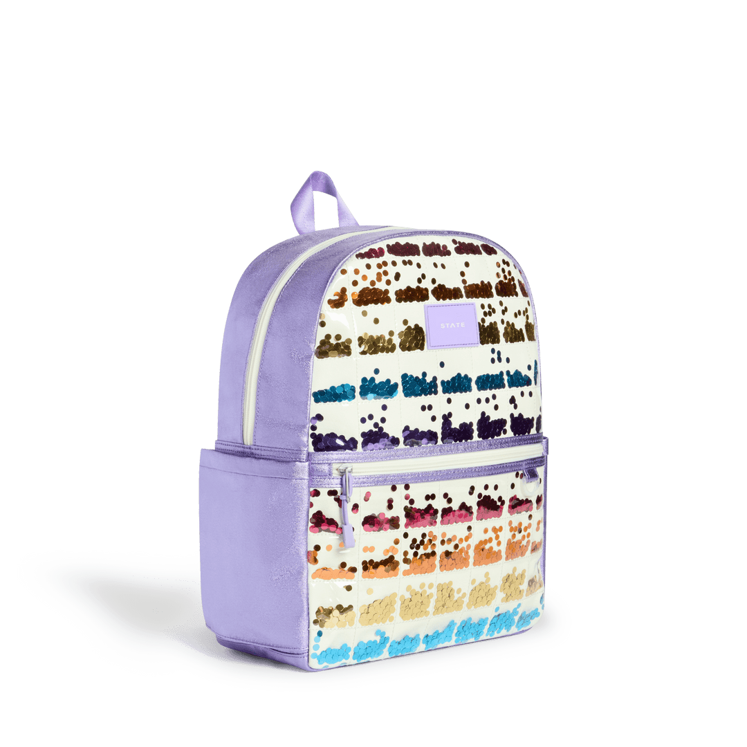 Lilac Quilted Sequins Kane backpack at a three-quarter angle showing the metallic side