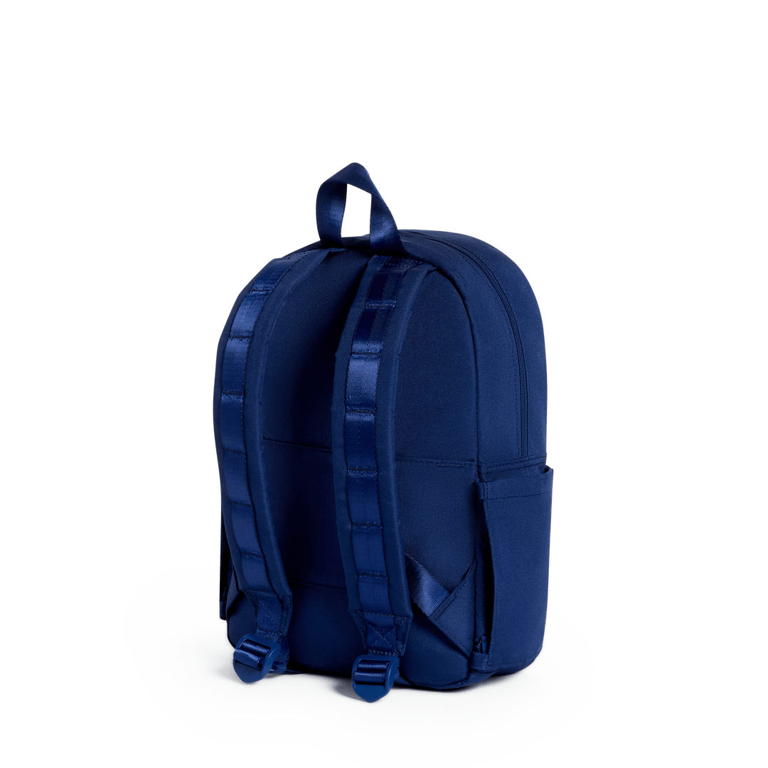 Back of the navy toddler backpack with padded adjustable straps
