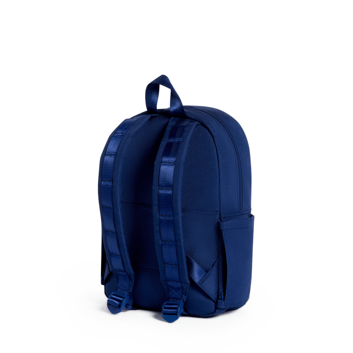 Back of the navy toddler backpack with padded adjustable straps