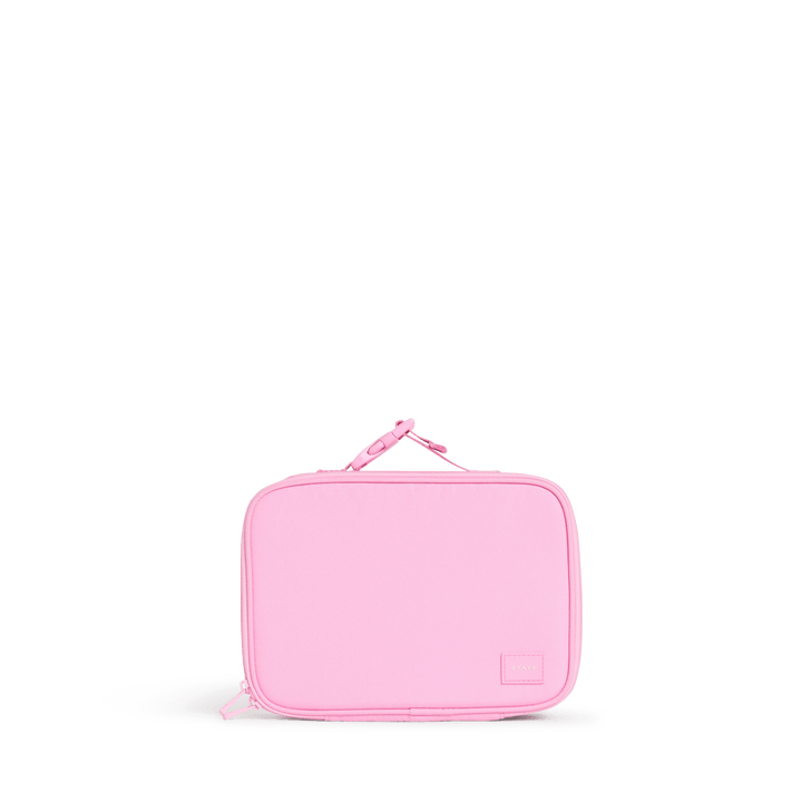 Solid bubblegum pink STATE Rodgers kids lunch box, front view with tonal corner patch