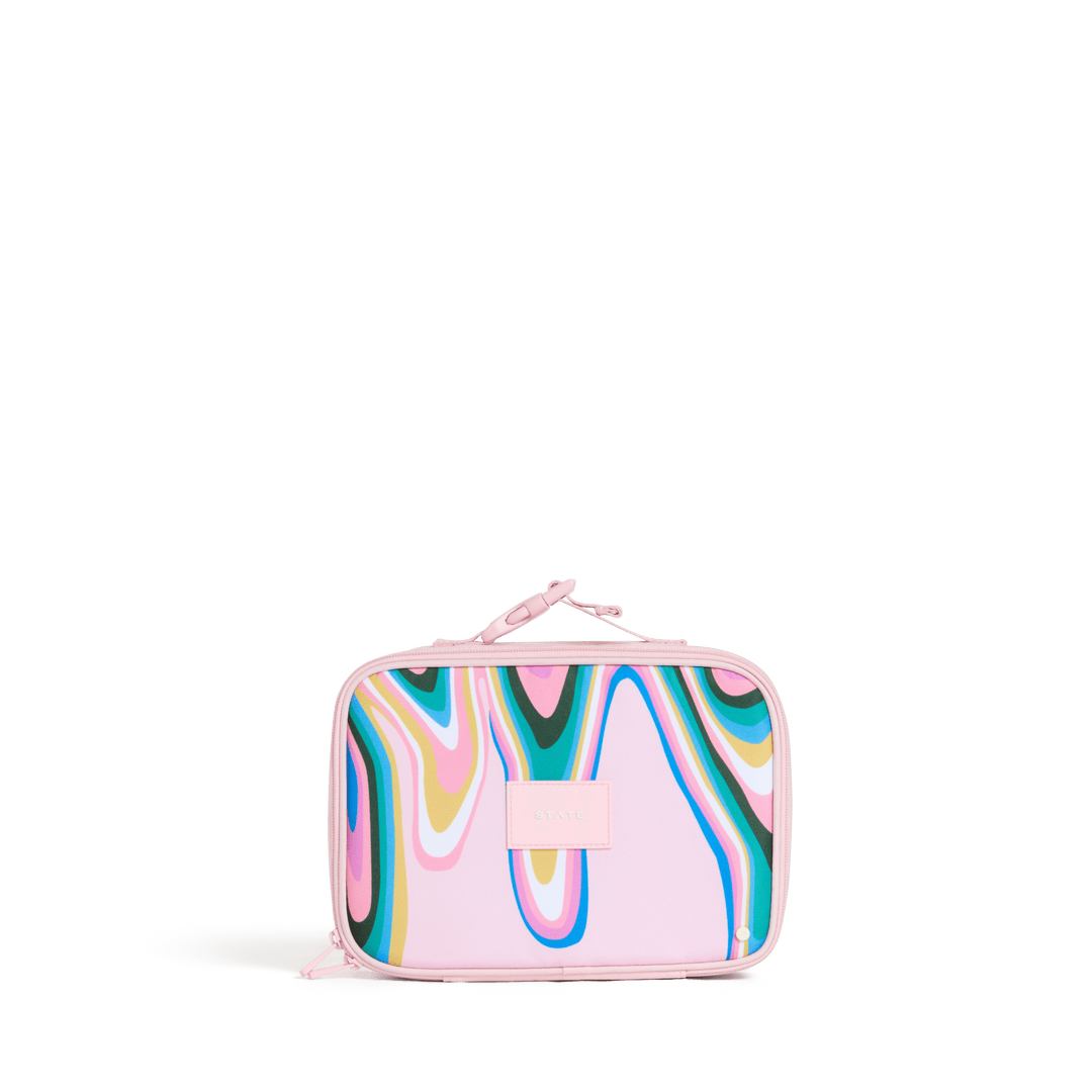 STATE Rodgers kids lunch box in Paint Wave, teal, gold, and pink swirls on soft pink