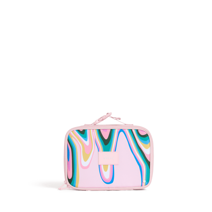 STATE Rodgers kids lunch box in Paint Wave, teal, gold, and pink swirls on soft pink