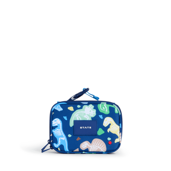 Dino Fossils STATE Mini Rodgers snack bag, front view of pastel dinosaur skeletons on navy