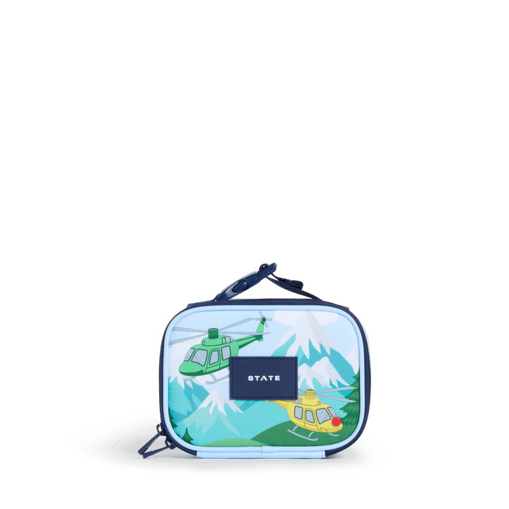 Helicopter print STATE Mini Rodgers snack bag, front view with green and yellow helicopters over mountains