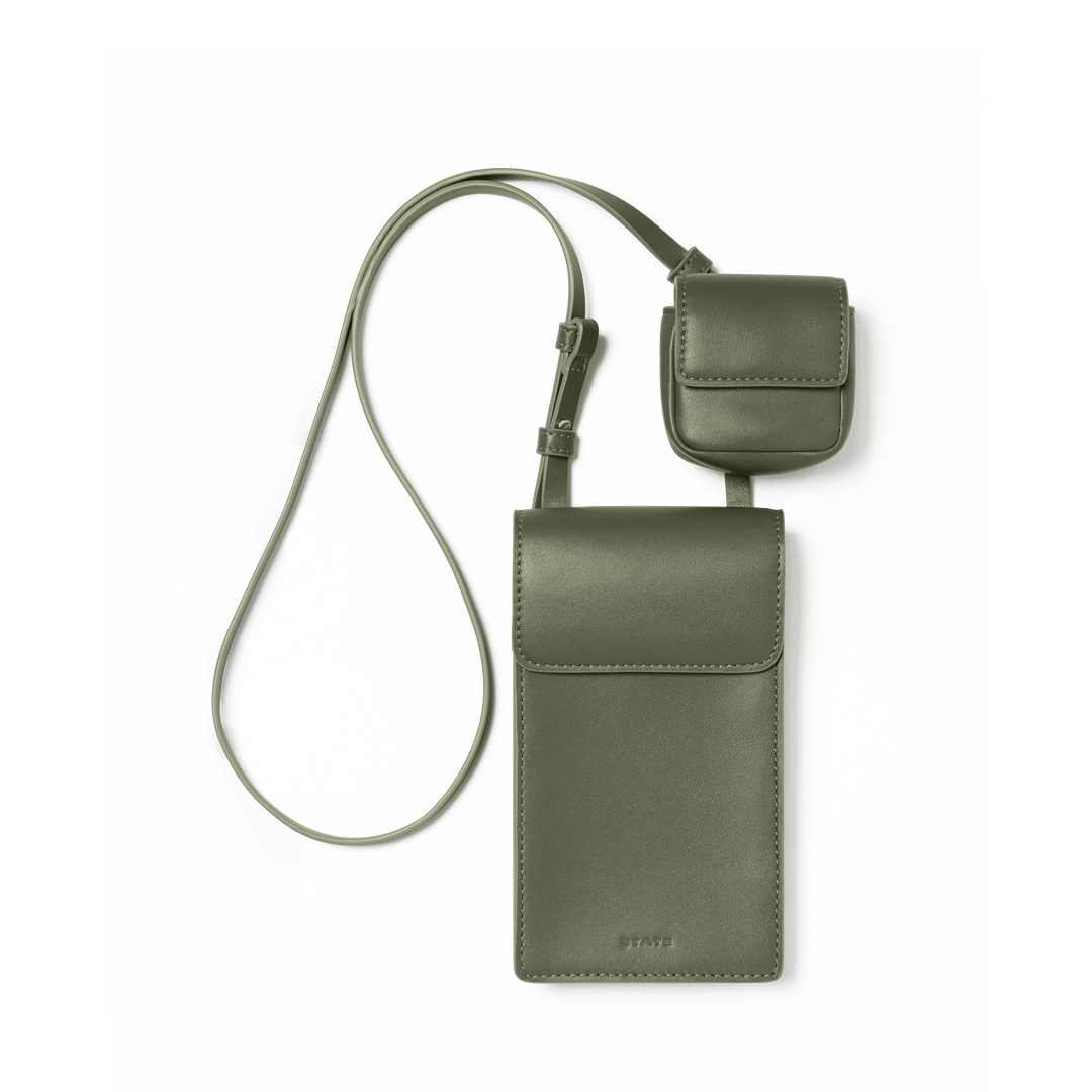 STATE Georgia phone crossbody bag in olive with strap and detachable earbud case, front view