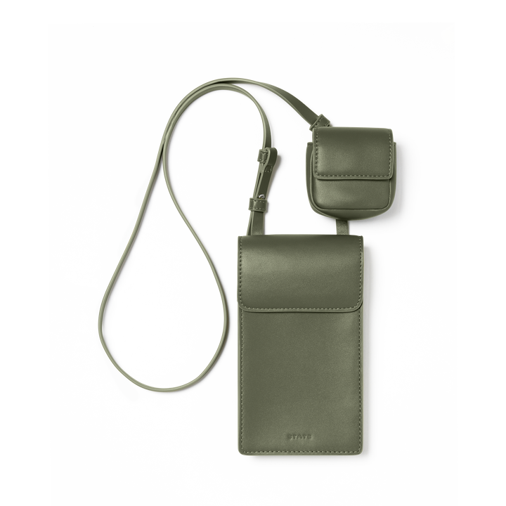STATE Georgia phone crossbody bag in olive with strap and detachable earbud case, front view