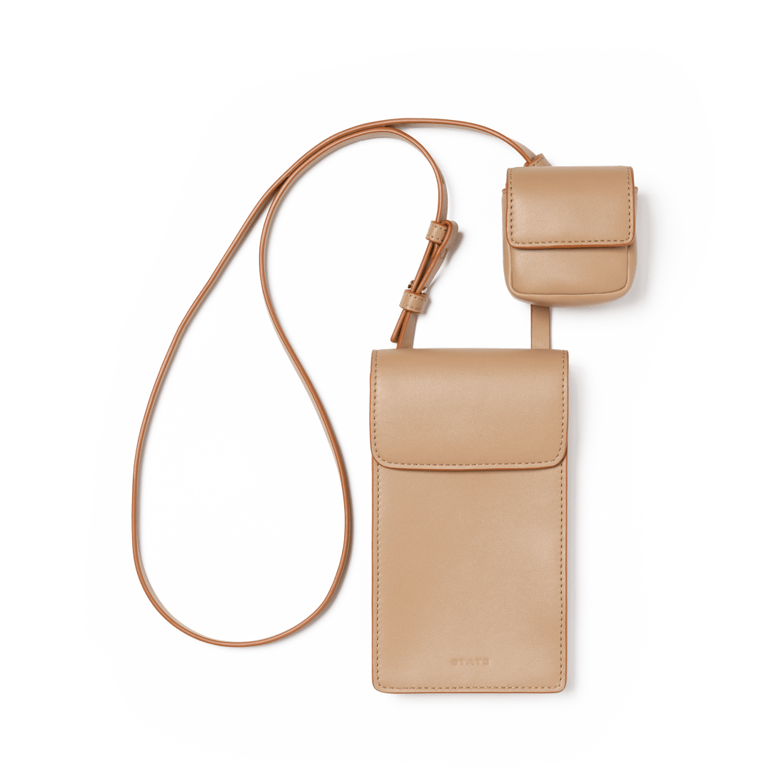 STATE Georgia phone crossbody bag in affogato tan with strap and earbud case, front view