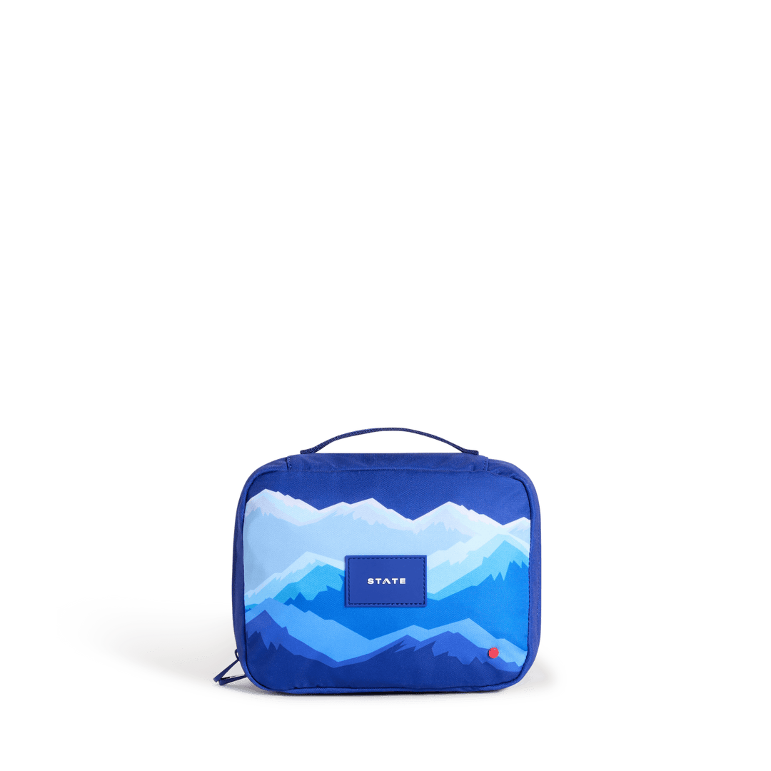 STATE Bensen kids toiletry bag in the Mountains print, front view with top handle