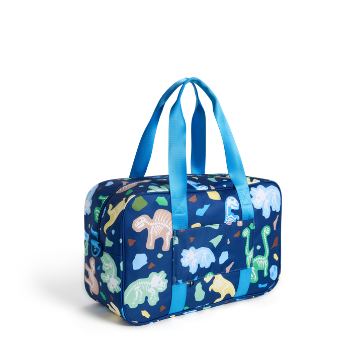 Dino Fossils Rockaway duffle from the three-quarter back angle, showing the luggage sleeve